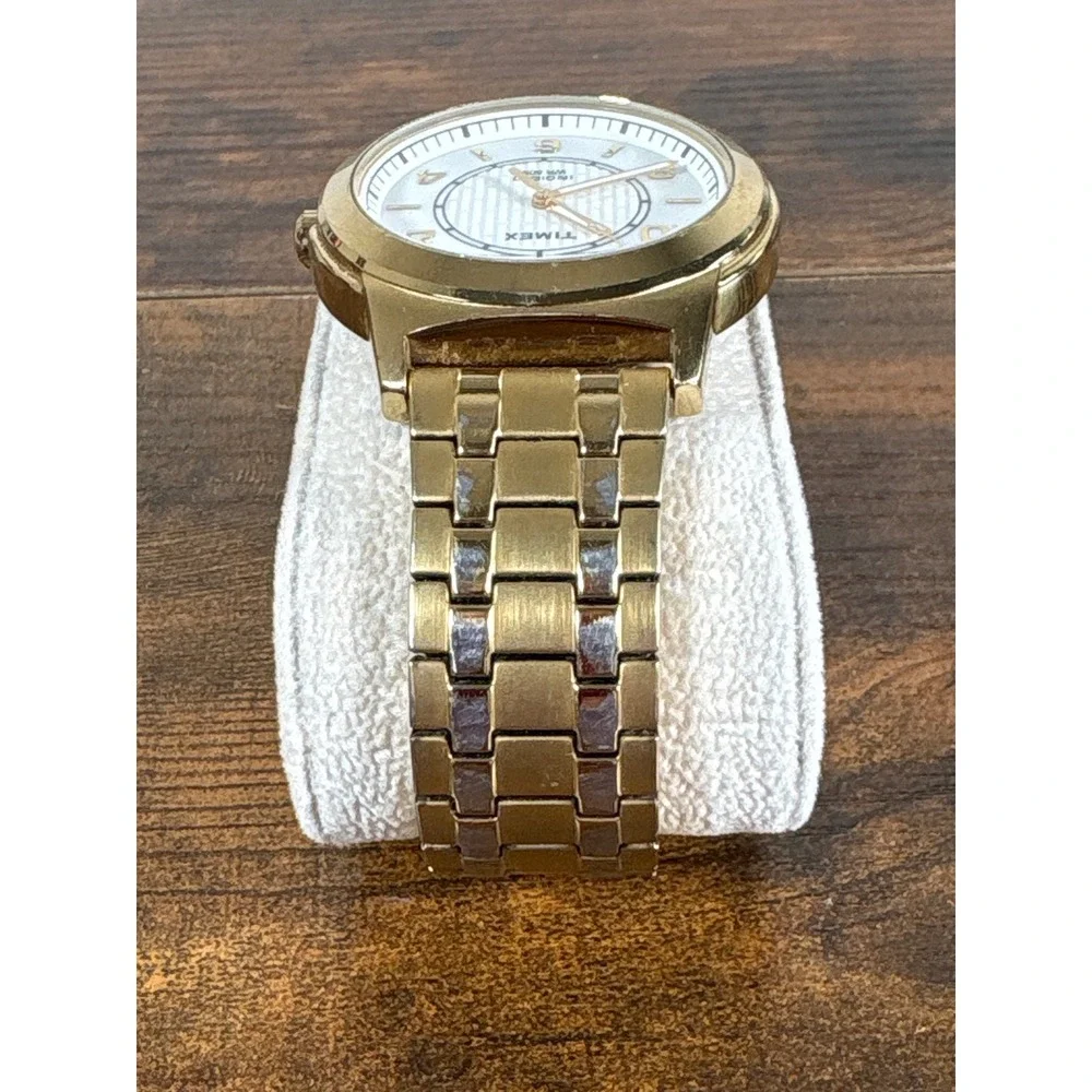Timex Indiglo WR 50M Gold Tone‎ Stainless Steel Expansion Band Watch White Dial